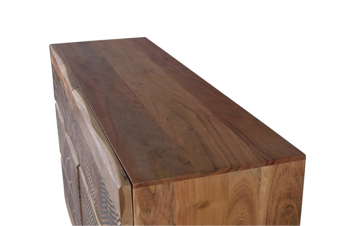 GINER Y COLOMER Commode 6 tiroirs en acacia avec pattes en métal, finition naturelle et décor sculpté main, L125 x P40 x H86 cm